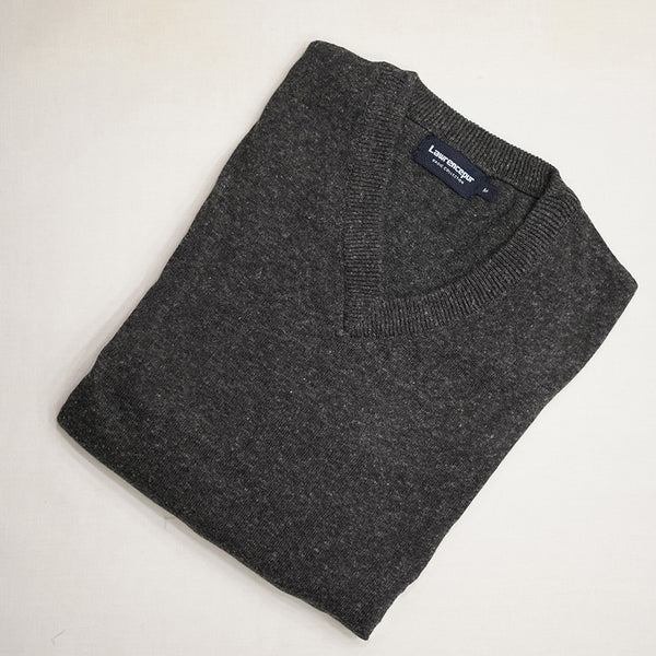 Sweater - 100% Cotton Full Sleeves-V Neck Charcoal Grey Plai