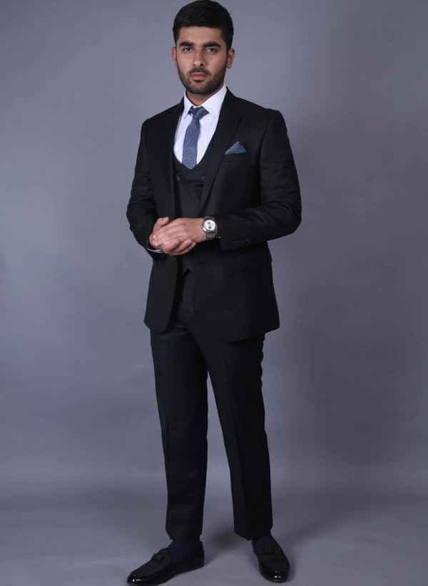 Ivory Premium Black Plain 3-Piece Suit