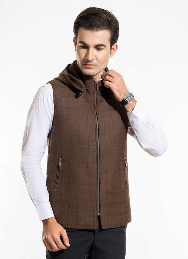 Windowpane Checks-Gingerbread Brown, Wool Rich Worsted Tweed High Neck Sleeveless Hoodie
