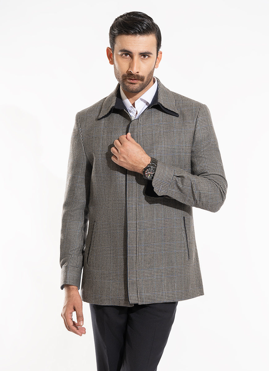 Glen Plaid Checks-Iron Grey, Wool Rich Worsted Tweed Double Collar 