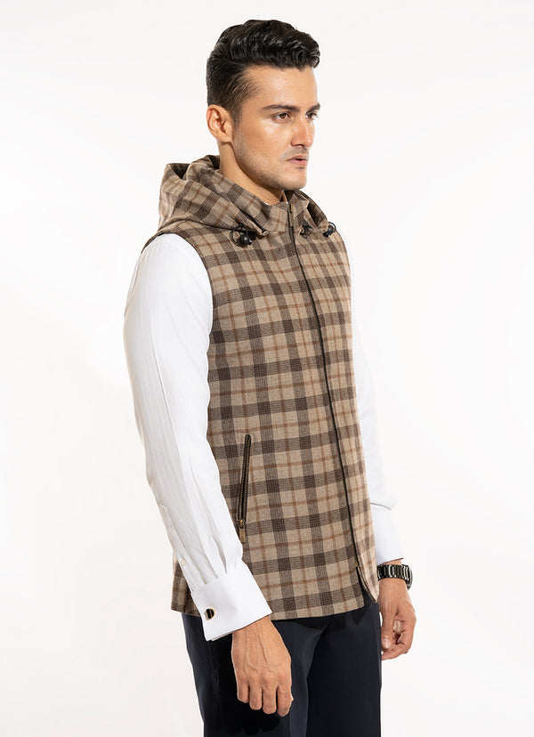 High Neck Hoodies - Worsted Tweed Brown Checkered