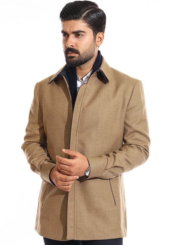 Plain Twill-Beige Brown, Wool Rich,  Regular Fit, Double Collar Jacket