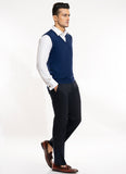 Plain-Blue Merino Wool and Acrylic Blend Sleeveless Sweaters