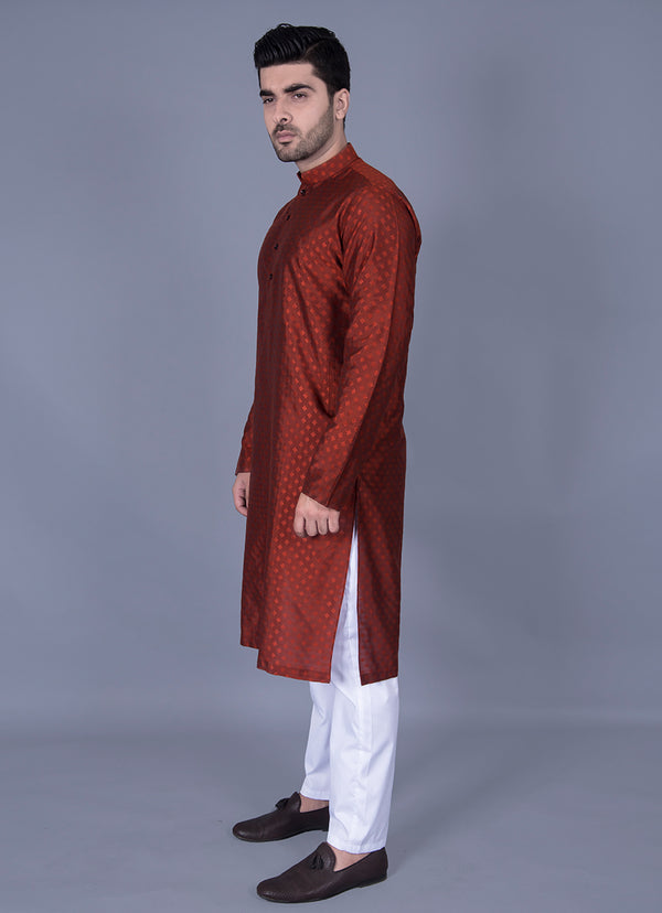 Orange Mini Diamond Self Texture Jamawar Kurta