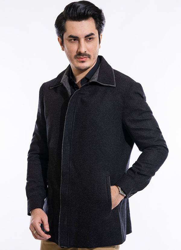 Herringbone-Black, Regular Fit, Pure Wool Double Collar Jacket