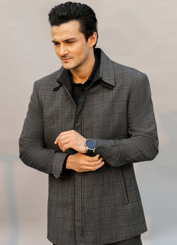 Broad Check-Charcoal Grey, Merino Wool Rich Double Collar Jacket
