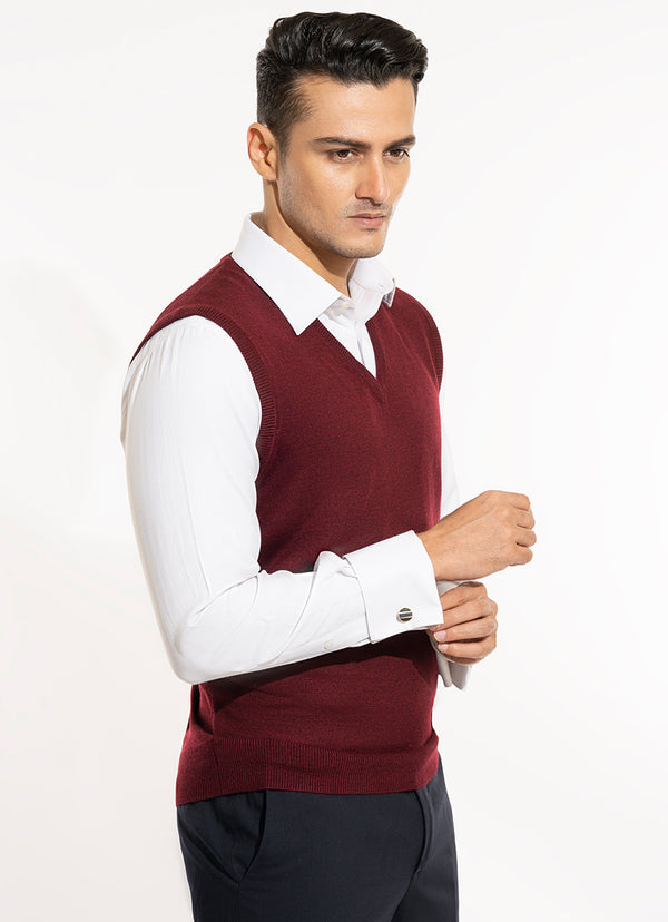 Sweater - Wool Acrylic-Sleeveless Maroon Plain