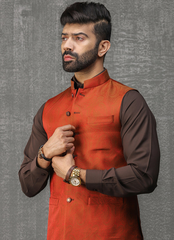 Waist Coat - Jamawar Maroon Design