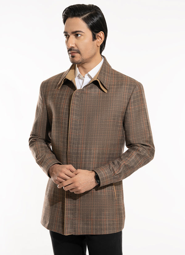 Multi Checks-French Beige, Wool Rich Worsted Tweed Double Collar Bomber Jacket