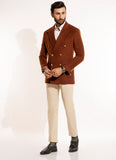 Plain-Rust Brown, Wool Blend Fleece, Double Breasted Blazer